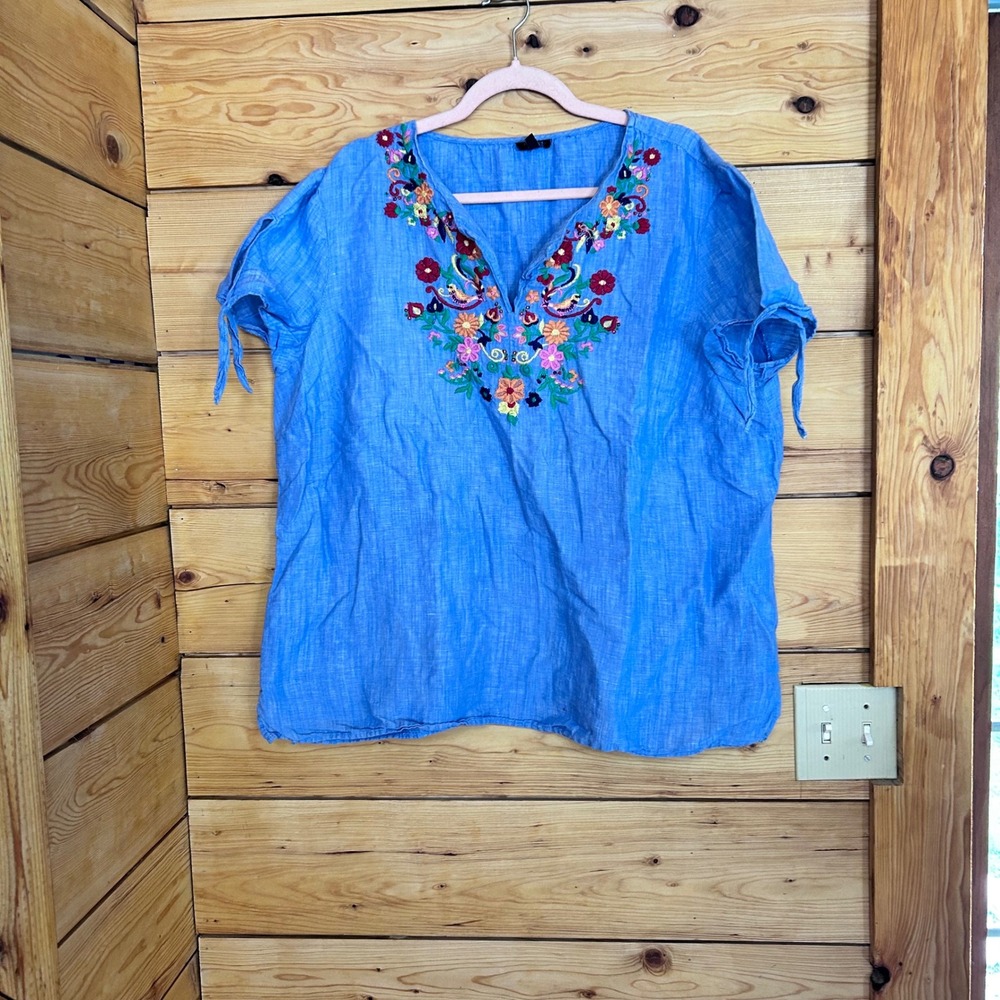 Linen Embroidered Blouse Women 2X Blue Floral Bird Boho Peasant Top Talbots